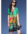 Women's Vintage Print Plus Size / Loose Dress,V Neck Asymmetrical Silk