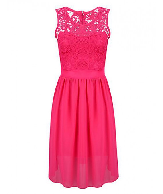 Women's Simple Solid Plus Size Slim Hollow Out Lace Patchwork Lace / Sheath Dress,Round Neck Above Knee