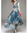 Going out Simple Sheath Dress,Print V Neck Maxi Sleeveless Blue / Red Polyester Summer Mid Rise