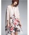 Women's Vintage Floral Loose Dress,Round Neck Asymmetrical Silk / Linen