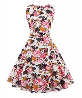 Women's Plus Size Vintage Swing Dress,Floral Round Neck Knee-length Sleeveless Red / White / Black / Multi-color Cotton Summer