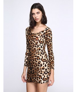 Women's Club Sexy Bodycon Dress,Leopard U Neck Mini Long Sleeve Brown Cotton / Modal / Spandex Summer Mid Rise Stretchy Opaque / Thin