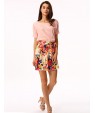 Women's White/Pink Round Flower Print Chiffon Short Sleeve Dress