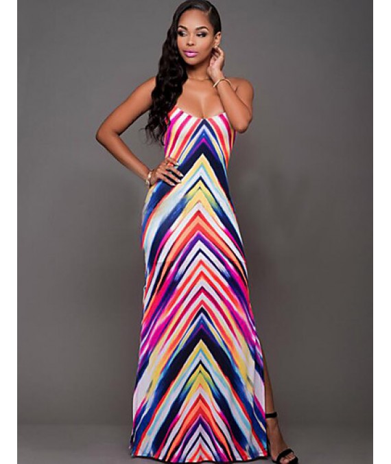 Women's Casual/Daily Sexy Criss-Cross Split Bandage Sheath Dress,Striped / Color Block Halter Maxi Sleeveless