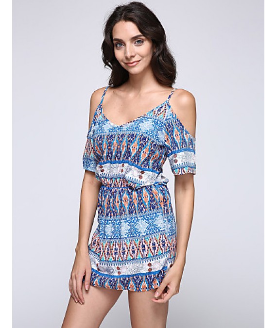 Women's Casual/Daily Boho Sheath Dress,Print Strap Above Knee Short Sleeve Blue Polyester Summer