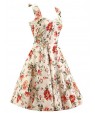 Women's Cream Floral Dress , Vintage Halter 50s Rockabilly Swing Dress