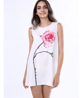 Women's Simple / Street chic Loose Dress,Floral Round Neck Above Knee Sleeveless White Polyester Summer