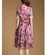 Women's Vintage Print Sheath Dress,V Neck Knee-length Silk