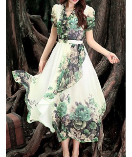 Women's Vintage Party Micro Elastic Short Sleeve Midi Dress (Chiffon)