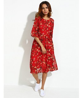 Women's Casual/Daily Boho / Street chic Plus Size / Chiffon Dress,Floral Round Neck Midi ? Length Sleeve Red Silk Summer