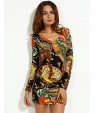 Women's Vintage Sexy Bodycon Print Cute Plus Sizes MicroElastic Long Sleeve Above Knee Dress (Microfiber)