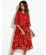 Women's Casual/Daily Boho / Street chic Plus Size / Chiffon Dress,Floral Round Neck Midi ? Length Sleeve Red Silk Summer