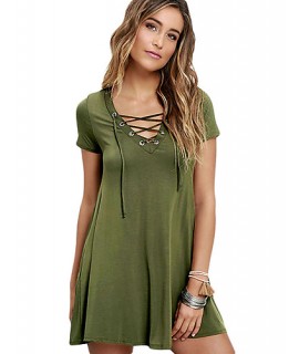 Women's Club Sexy Skater Dress,Solid V Neck Mini Short Sleeve Beige / Black / Green / Orange Polyester