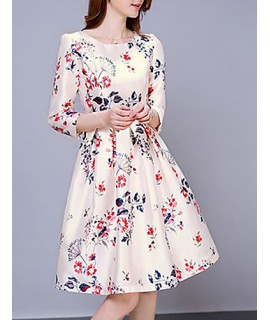 Women's Vintage Print Sheath Dress,Round Neck Knee-length Polyester