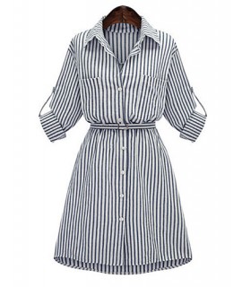 Women's Plus Size Street chic Shirt DressStriped Shirt Collar Above KneeSleeve Blue Polyester Spring / Fall Mid