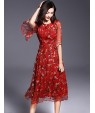 Women's Casual/Daily Boho / Street chic Plus Size / Chiffon Dress,Floral Round Neck Midi ? Length Sleeve Red Silk Summer