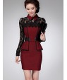 Women's Patchwork Red / Gray Lace Hin Thin Slim Temperament Dress , Work / Plus Sizes Shirt Collar Long Sleeve