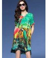 Women's Vintage Print Plus Size / Loose Dress,V Neck Asymmetrical Silk