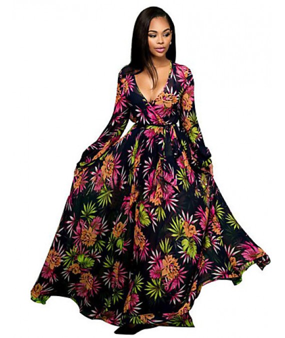 Women's Casual/Daily Boho Pleated Fashion Chiffon / Swing Dress,Print Deep V Maxi Long Sleeve Blue