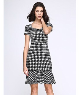 Women's Vintage / Simple Houndstooth Ruffle Slim Fishtail Plus Size / Sheath Dress,Square Neck Knee-length