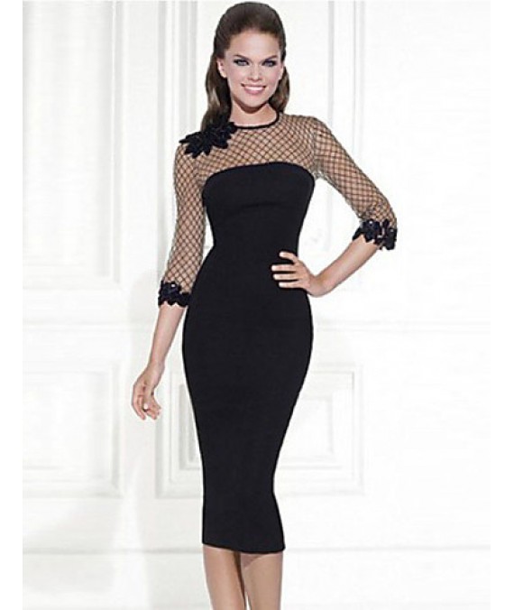 Women's Fishnet Decolletage Quarter-sleeve Midi Dress