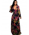 Women's Casual/Daily Boho Pleated Fashion Chiffon / Swing Dress,Print Deep V Maxi Long Sleeve Blue