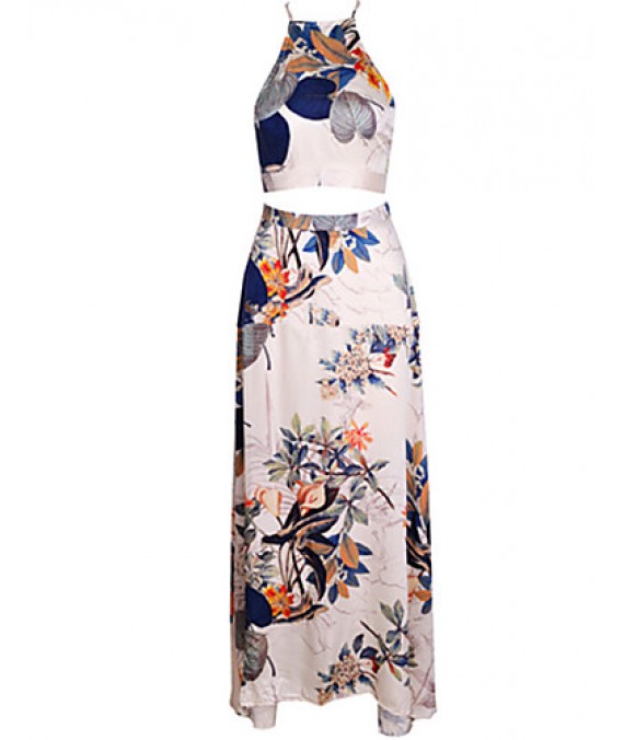 Women's Vintage Sexy Beach Print Cute Plus Sizes Micro Elastic Sleeveless Maxi Dress (Microfiber)