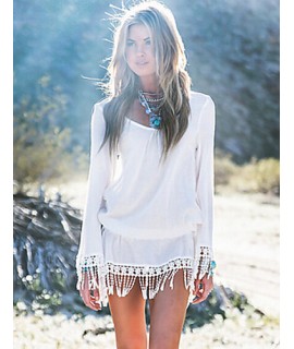 Women's CasualPure White Long Sleeve Beach Mini Dress with Tassels