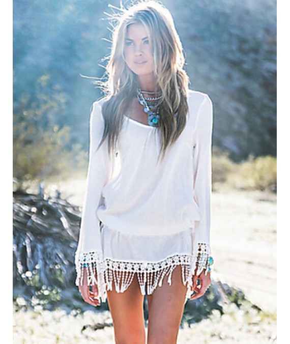 Women's CasualPure White Long Sleeve Beach Mini Dress with Tassels