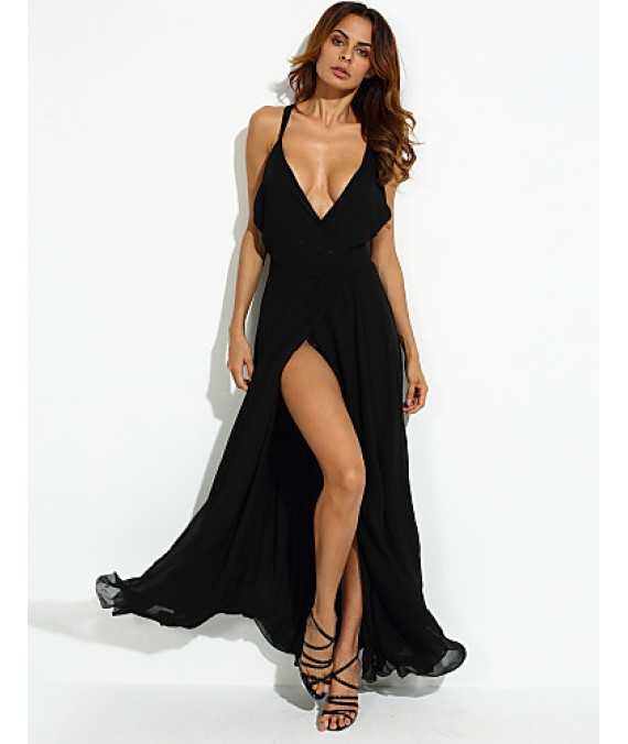 Women's Party/Cocktail Sexy Loose Dress,Solid V Neck Maxi Sleeveless Black Polyester Summer